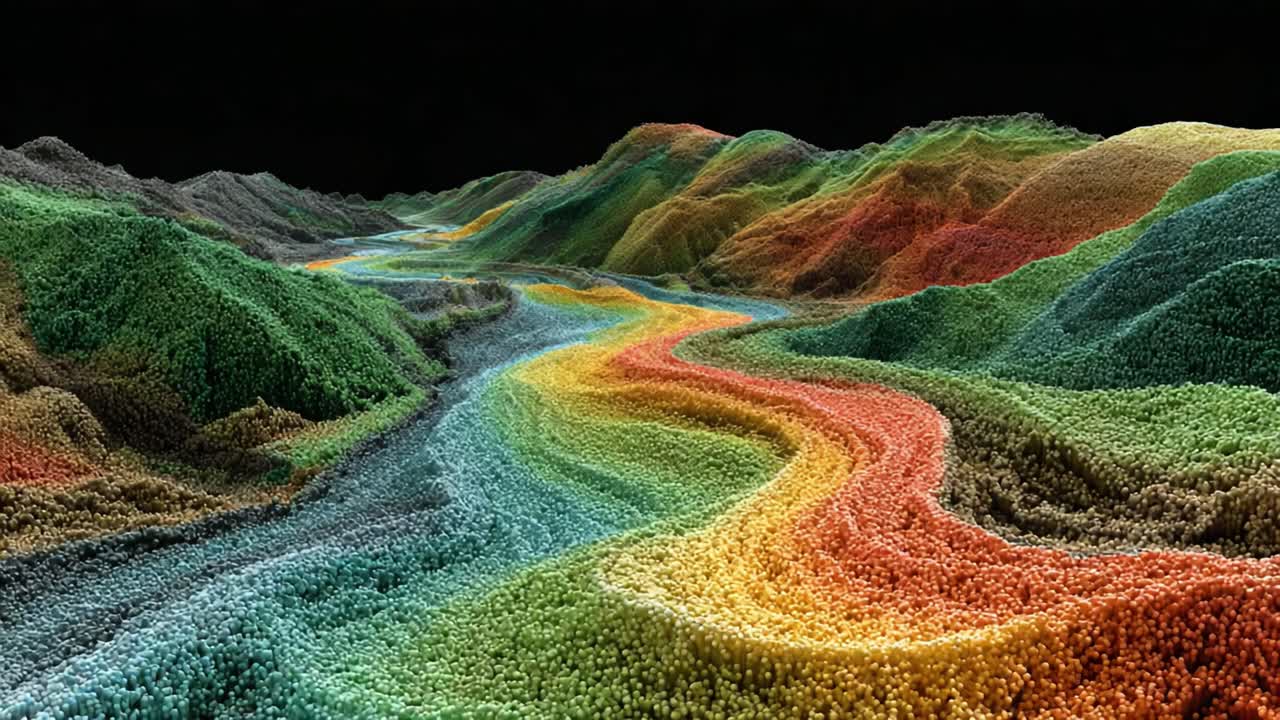 A Vibrant, Abstract Representation of a Colorful River Flowing Through a Multicolored Terrain with Textured Hills and Valleys in Vivid Detail
