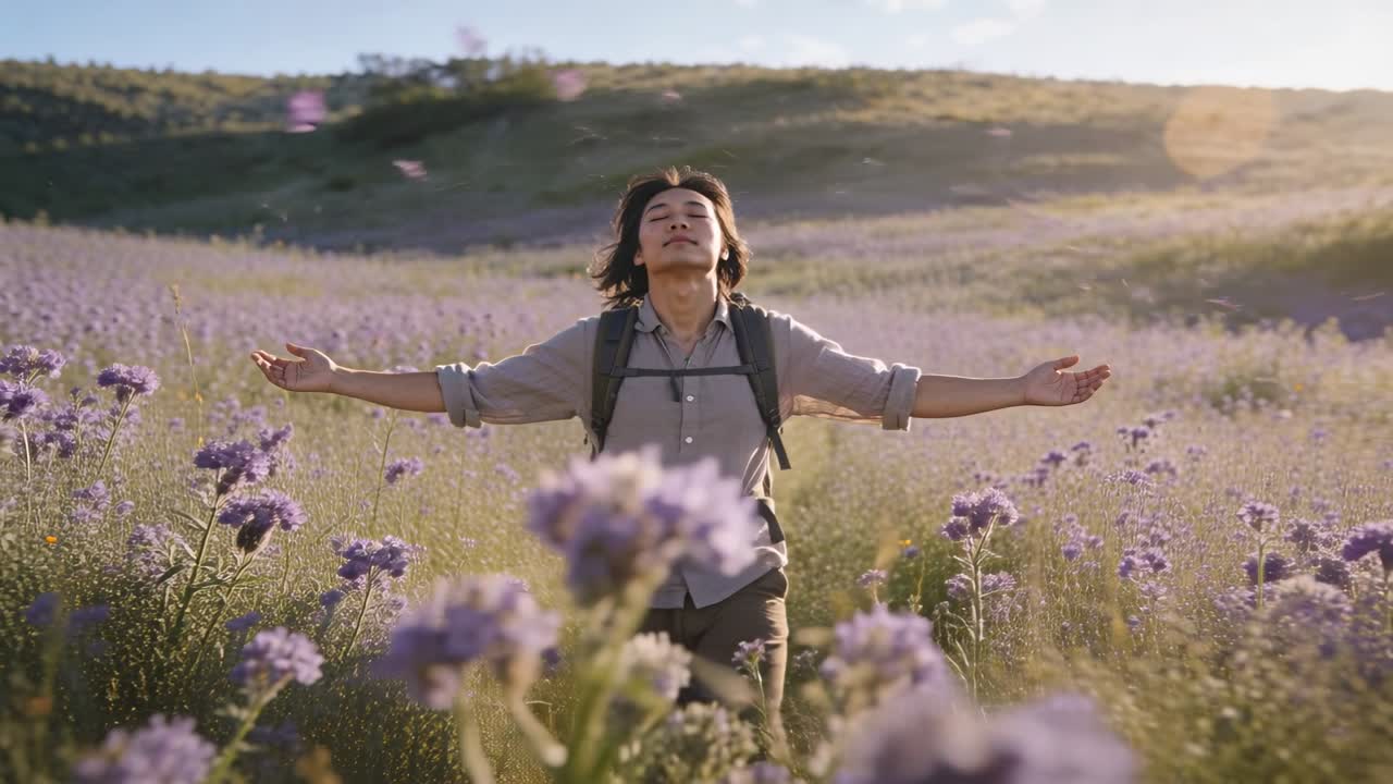 Escursionista con lo zaino in spalla e le maniche arrotolate che si ferma in un campo viola, aprendo le braccia al sole mentre i petali fluttuano.