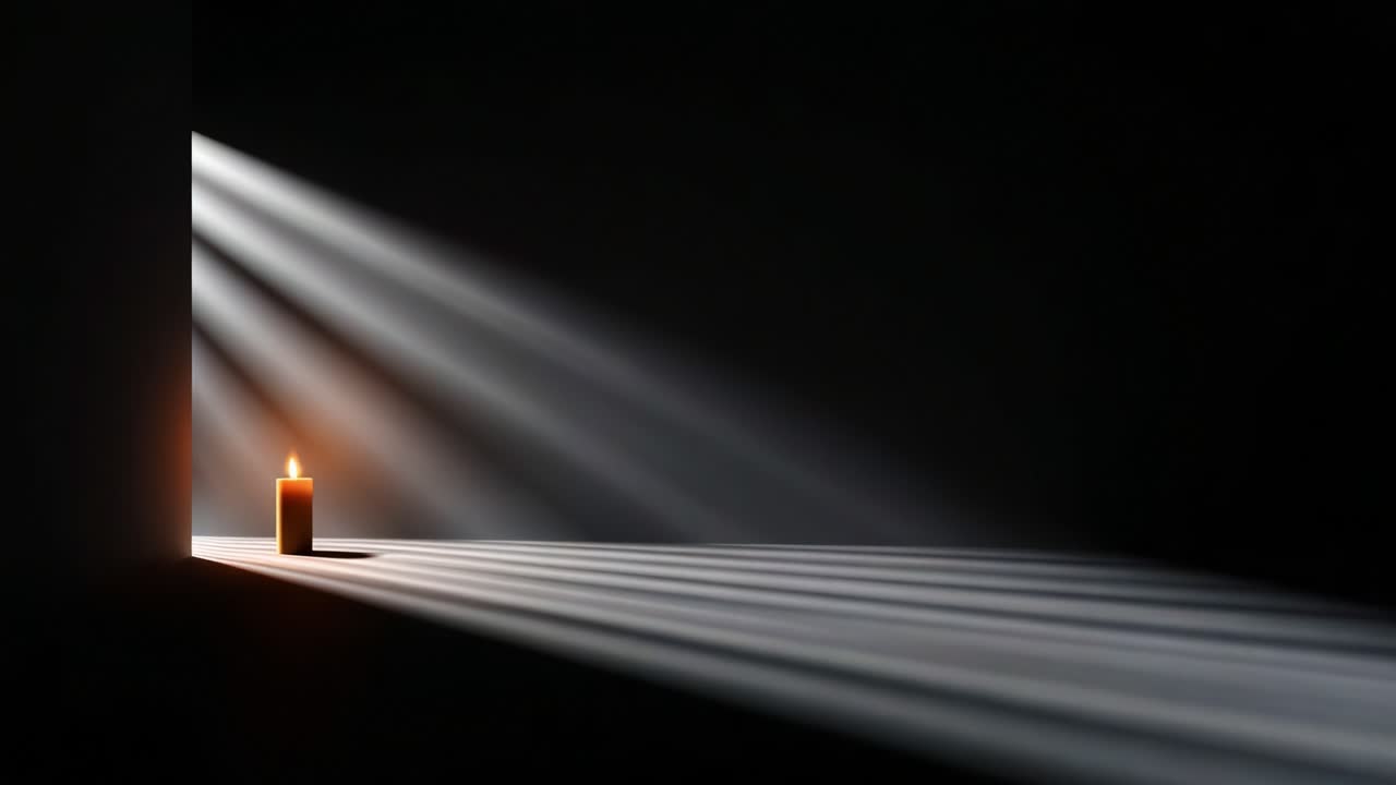 A solitary candle illuminates a dark room, casting soft light beams across a smooth surface, creating an atmosphere of tranquility and reflection in the quiet space