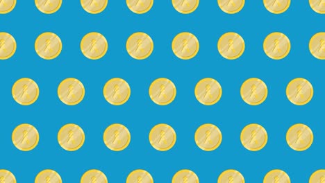 golden coins pattern with symbol of japanese currency yen on a blue background. seamless loop financial or business animation. endless background with golden coins pattern