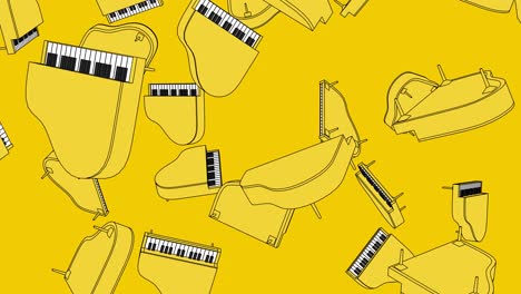 many yellow pianos on yellow background.