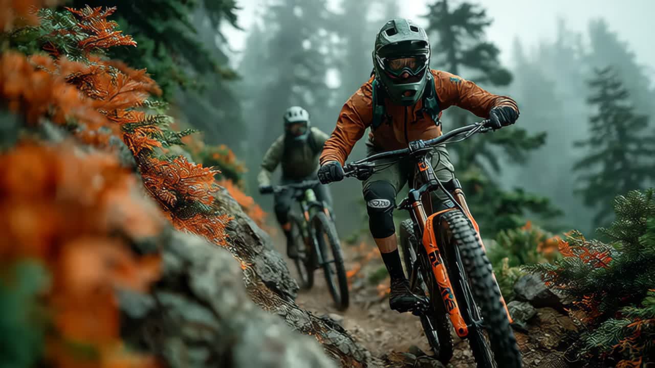 Thrilling mountain biking adventure through misty forest trail