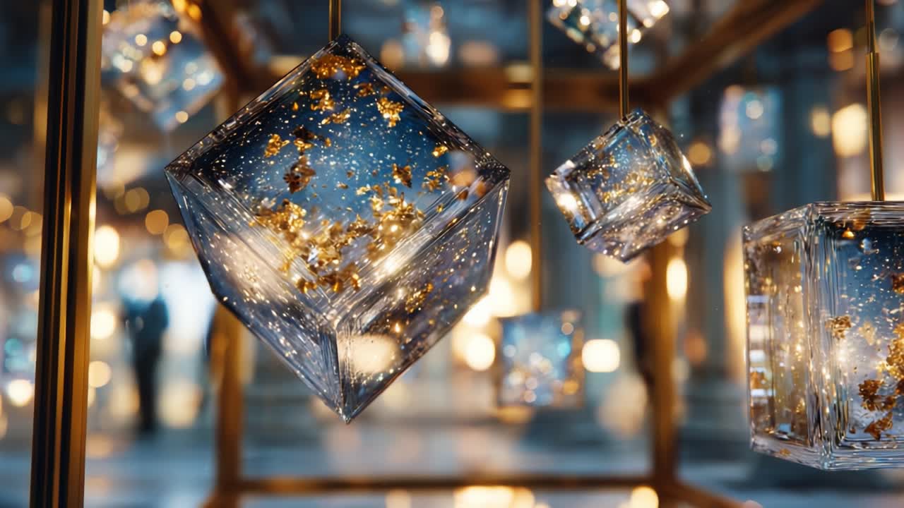 A Spectacular Display of Glittering Cubes: An Artistic Representation of Luxurious Glass Structures Suspended in a Gorgeous Background of Light and Reflections