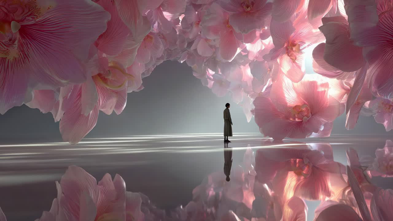 A serene moment unfolds as an ethereal figure stands amidst a breathtaking cascade of blooming orchids, reflecting the beauty and tranquility of nature in a surreal and dreamlike environment