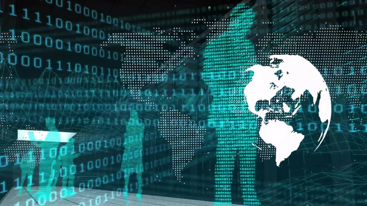 Digital Global Network Concept with Data Streams and Silhouettes