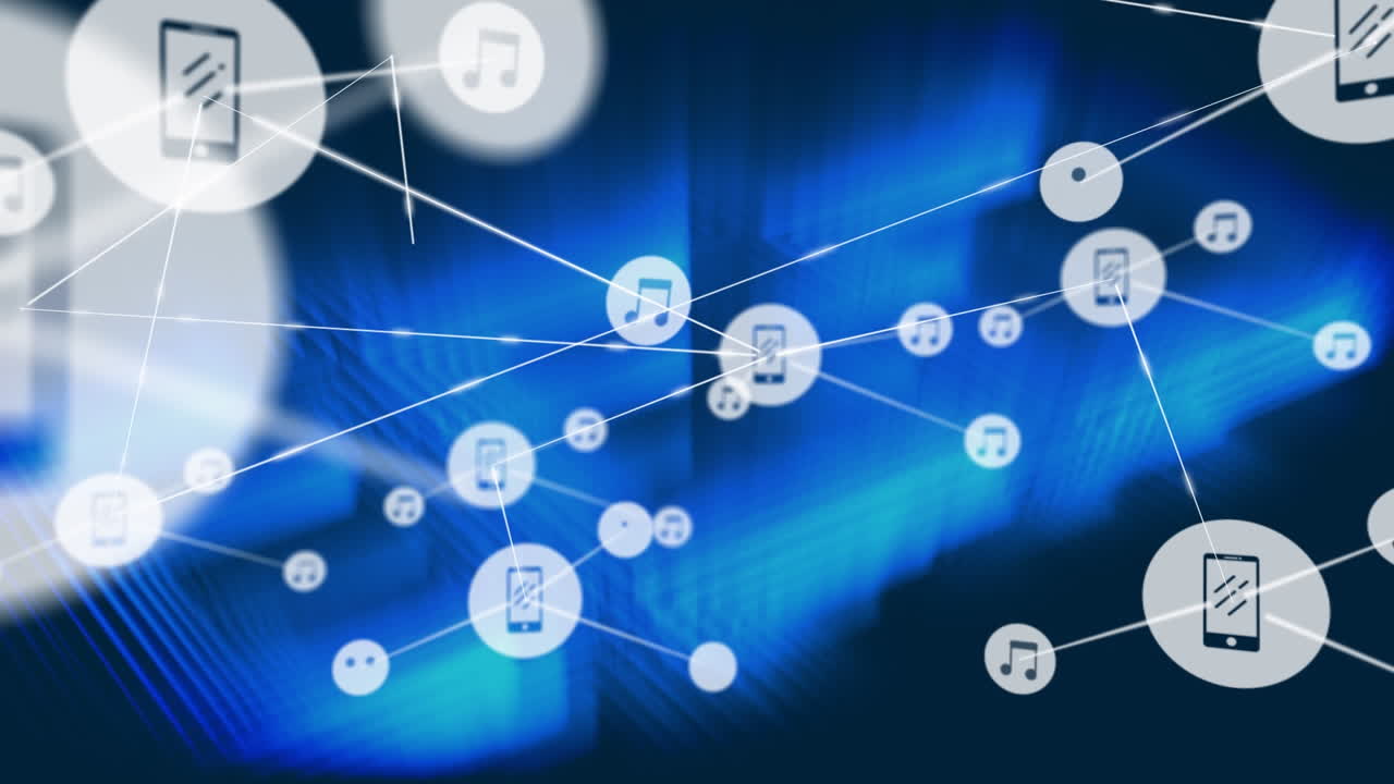 검은색 배경에 파란색 빛 트레일 위에 디지털 아이콘 네트워크의 애니메이션