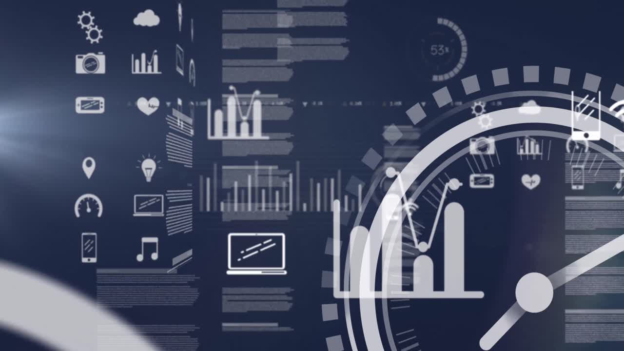 Animation of online icons data processing on blue background