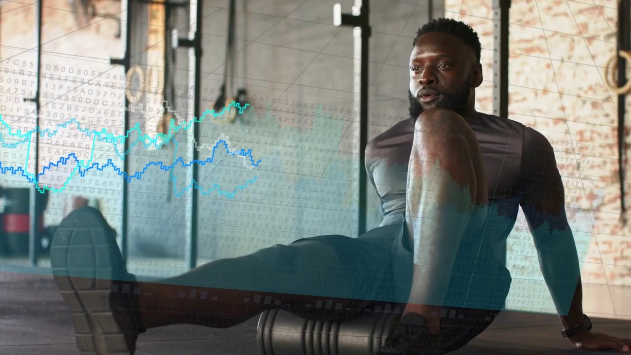 Man placing foam roller under right quad, rolling quad for fitness, data charts growing over legs