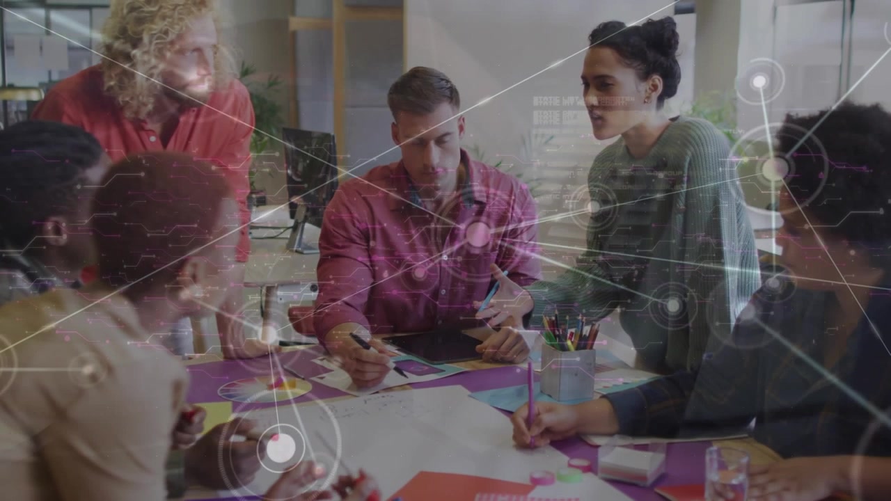 Animation of network of connections over business people in office