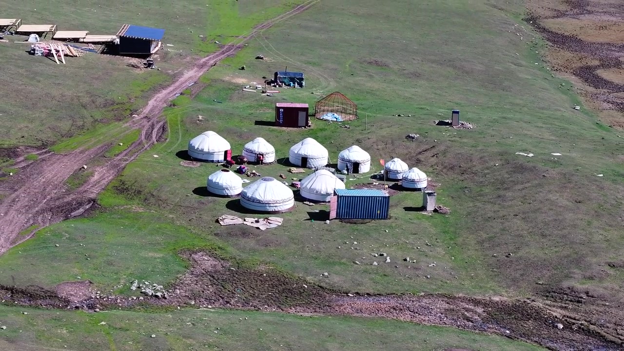 Flygfoto över ett jurttläger i Altyr Arashan-dalen, Kirgizistan. Resmål, vandring, landskap.
