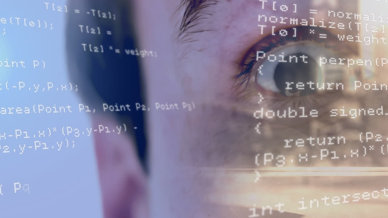 Animation of data processing over eye of caucasian man