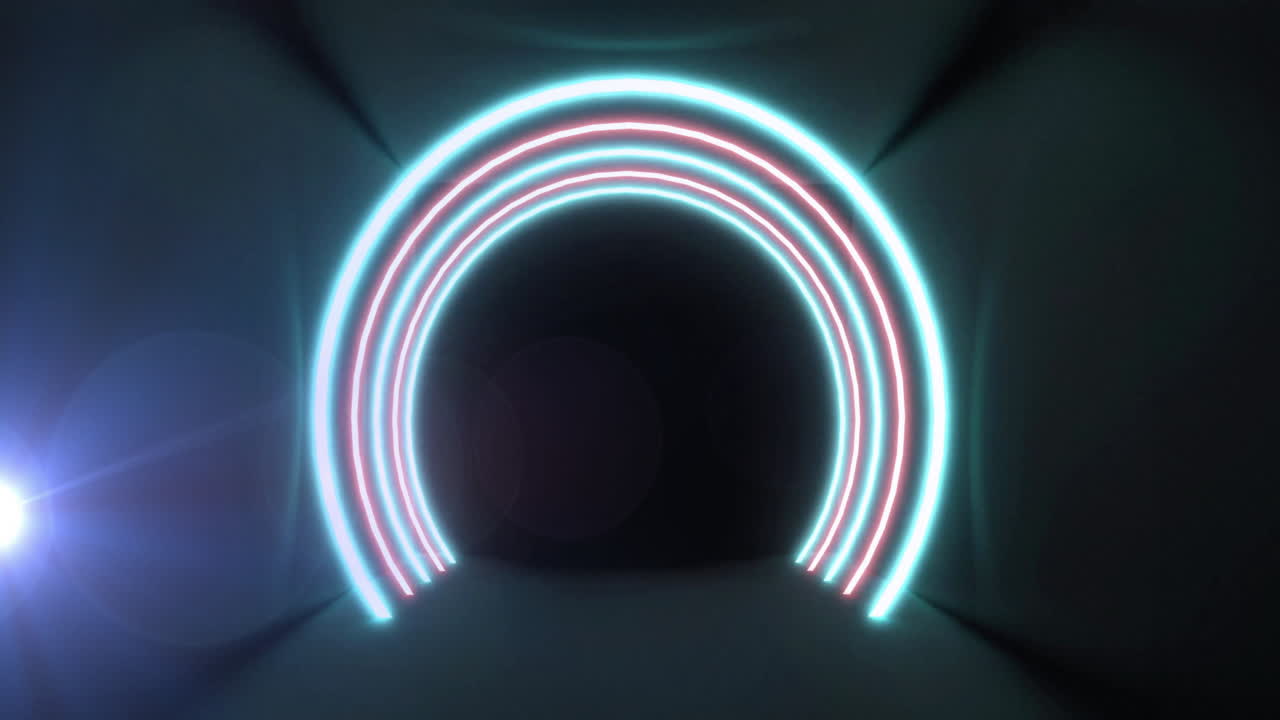 Neon arches creating animation tunnel effect in dark space, glowing brightly