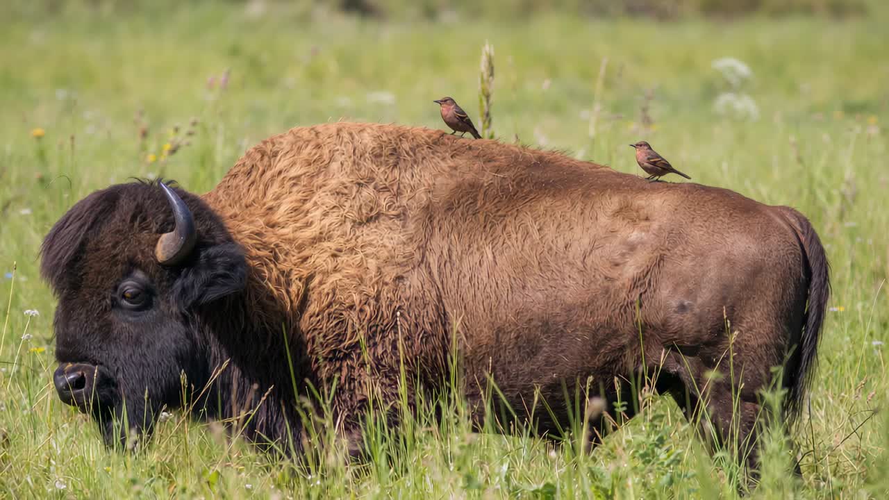 Grazing adult American bison holding head low in grassland prairie, with two birds perched