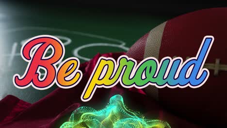 animation of be proud text, abstract pattern over rugby ball, red cloth and game plan