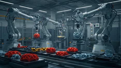 advanced industrial automation in action: robotic arms assembling geometric shapes in a high-tech factory environment