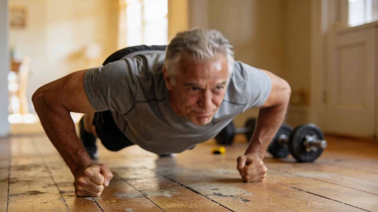 Starting low, senior-man in shirt doing pushups on fists at home, dumbbells and yellow for fitness