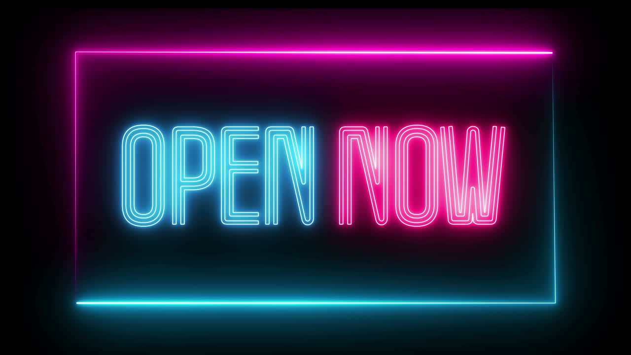 Animated open now sign. neon effect, Light neon on black background.