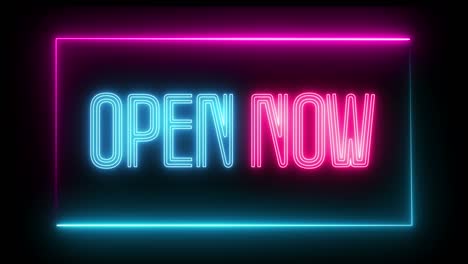 animated open now sign. neon effect, light neon on black background.