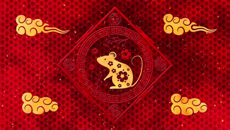 lunar new year, spring festival background with golden rat, red silk pattern. chinese new year red paper backdrop for holiday event. 3d rendering animation. seamless loop 4k