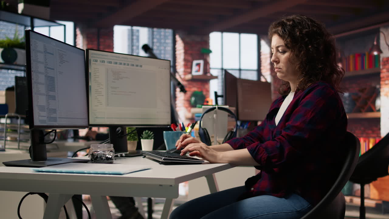 ingeniero de inicio que lleva a cabo una revisión detallada del código para arreglar errores