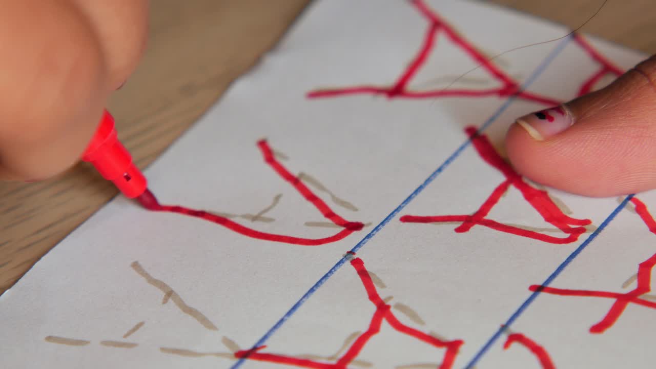 Close-Up of Hand Drawing Red X Marks on Paper with a Marker