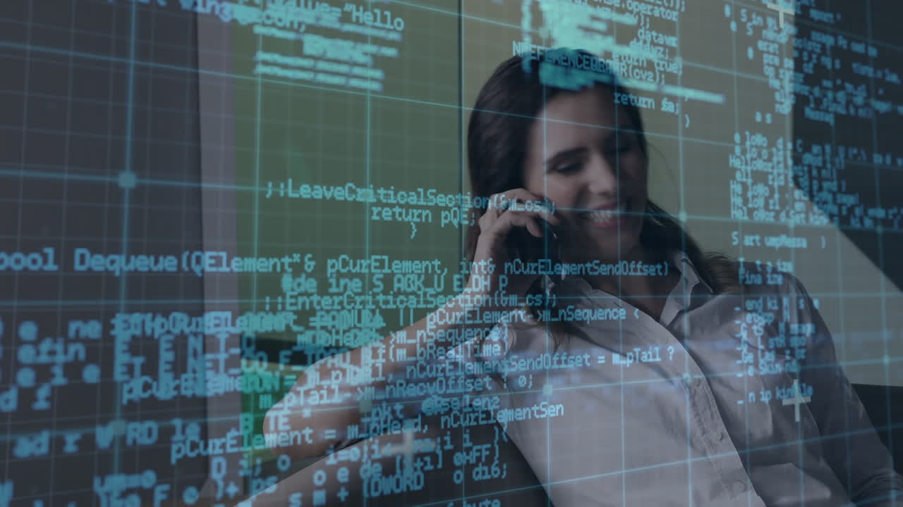 Animation of data processing over caucasian businesswoman talking on smartphone