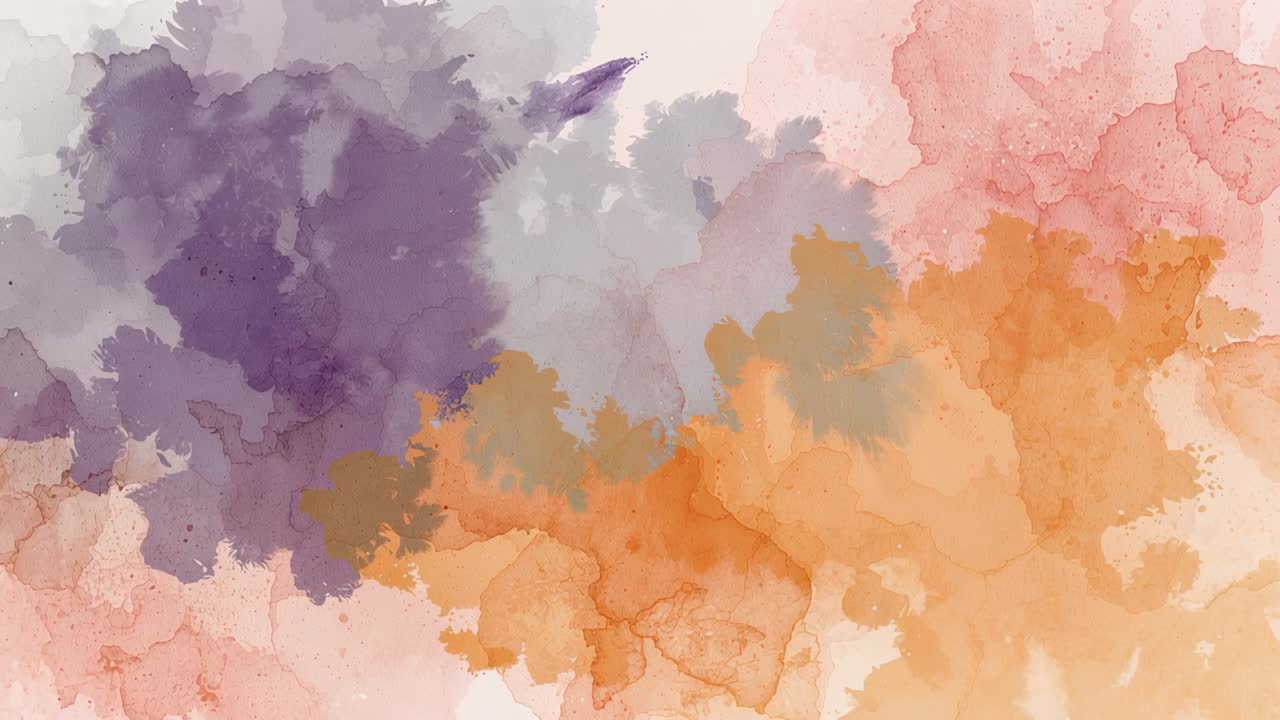 Spreading brush laying purple and orange color on paper, developing watercolor blotches and drops