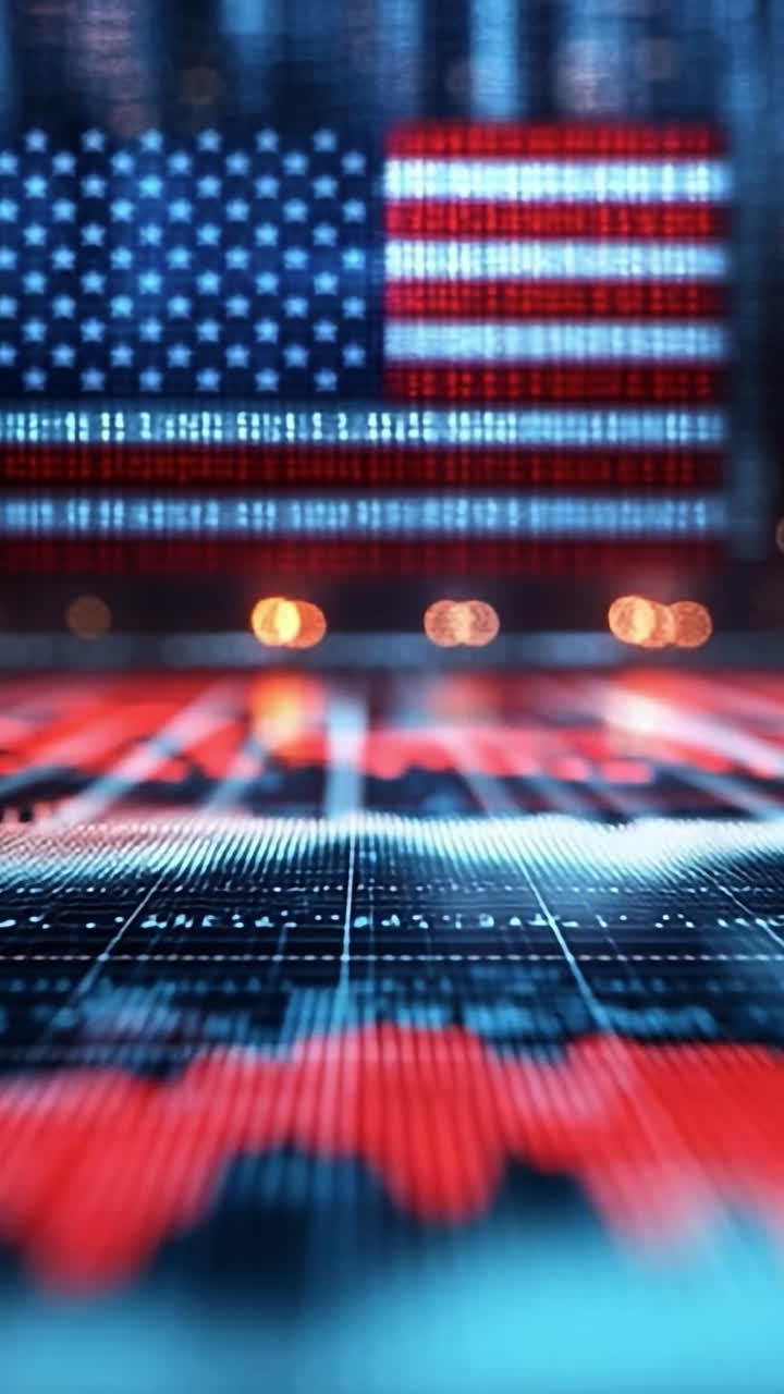 American flag displayed on a city screen. A vibrant American flag illuminates a city backdrop at night, reflecting patriotism and urban life.