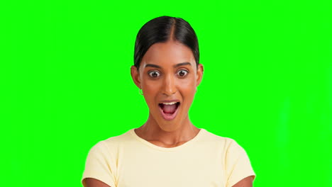 Indian-woman,-shock-and-wow-face-by-green-screen
