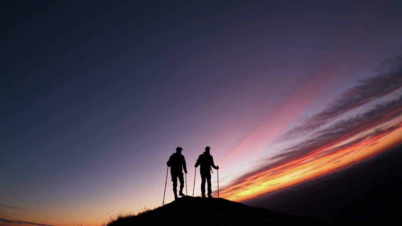 Silhouetted hikers at sunset on a hilltop, captured from a low-angle, creating a dramatic