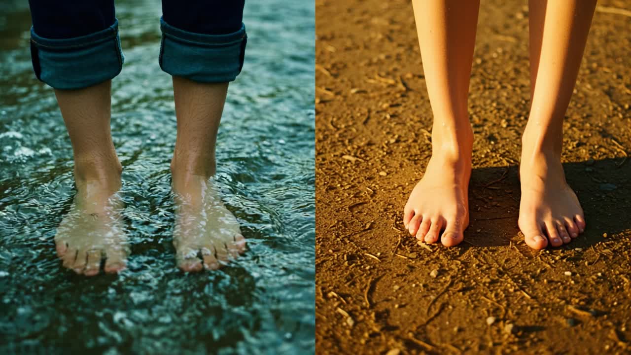 A Reflection on Nature: The Contrast of Feet in Water and on Sand, Capturing the Essence of Serenity and Connection to Earth and Elemental Forces