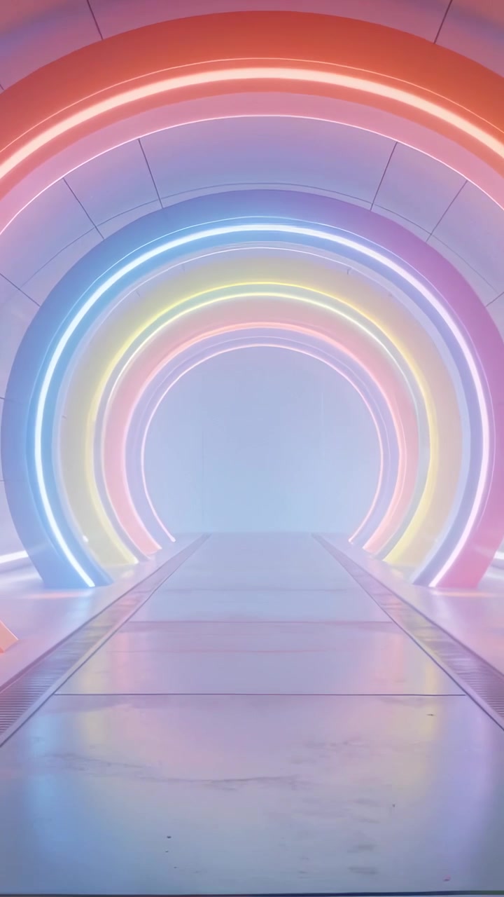 Vertical video: Moving camera in neon tunnel, lighting rings, reflecting floor and revealing portal
