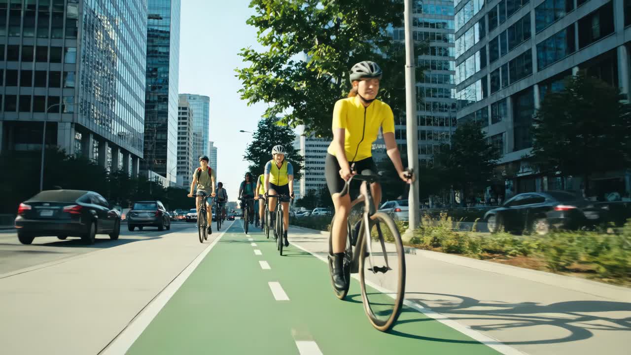 Group of Cyclists Riding in City Bike Lane