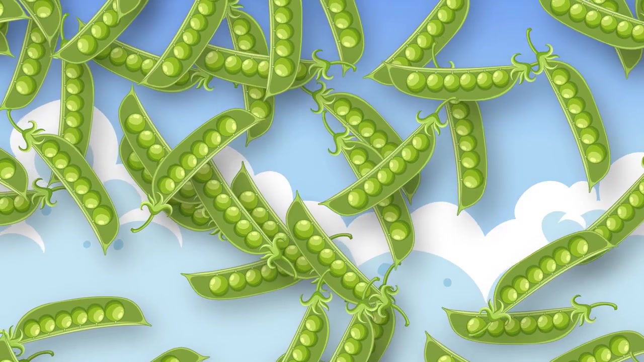 Groene erwtenpeulen vallen continu tegen een gestileerde blauwe lucht met witte papieren wolken