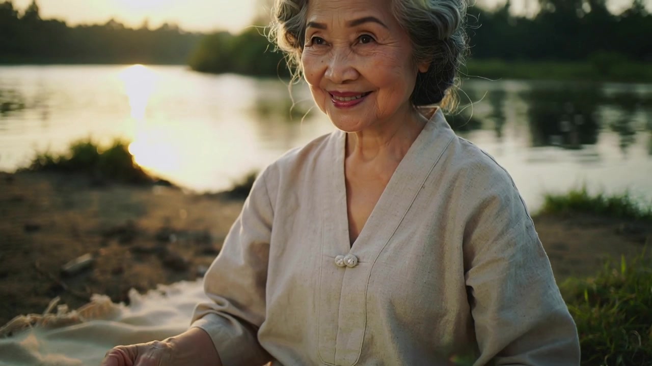 Smoothing senior Asian woman lifting, inspecting sheet on lap by lake, sun drawing gaze