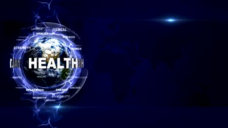 health text animation and earth, with keywords, rendering, background, loop