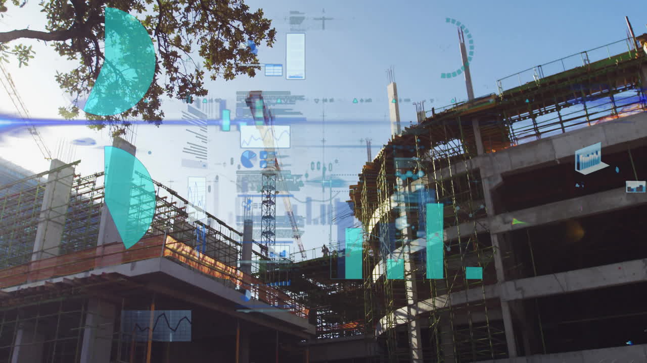 Construction site with data analytics animation overlaying buildings and cranes
