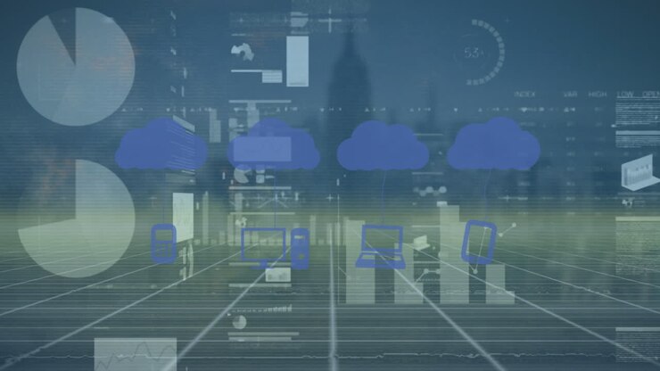 Animation of data processing with icons over cityscape
