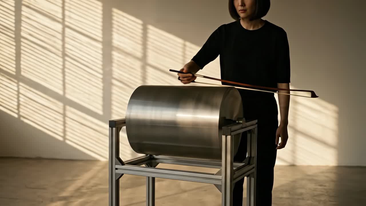 Donna che suona uno strumento sperimentale a cilindro metallico con un archetto