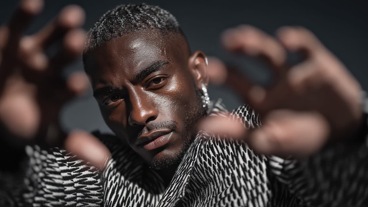 Stylish man framing face with hands in slow motion