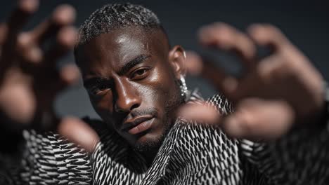 stylish man framing face with hands in slow motion