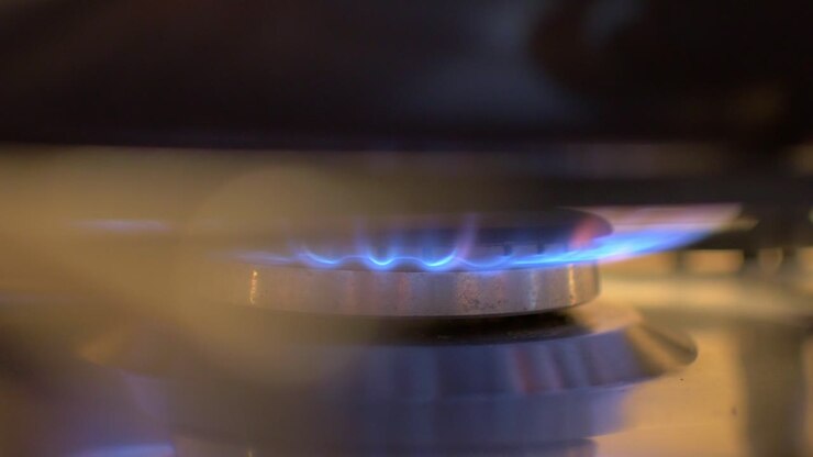 Close up of blue gas flame burner cooking under a pan