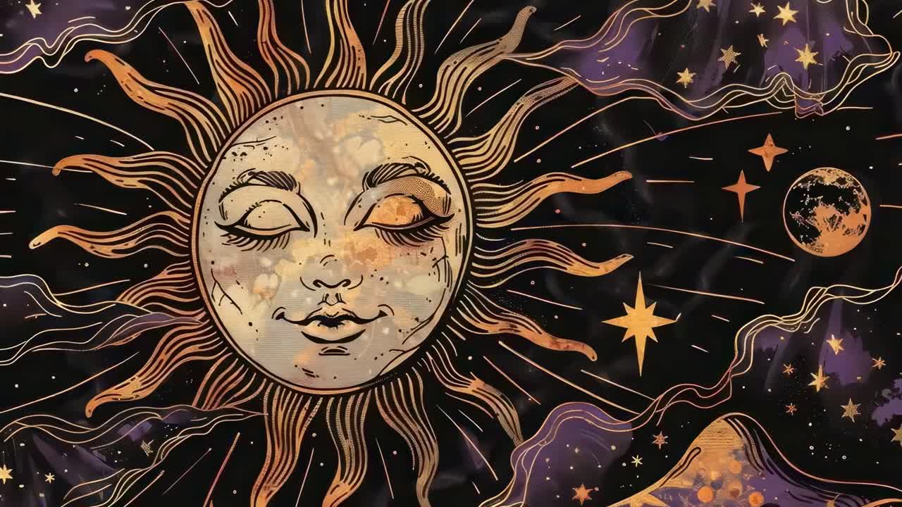 Whimsical celestial illustration with a serene sun and stars