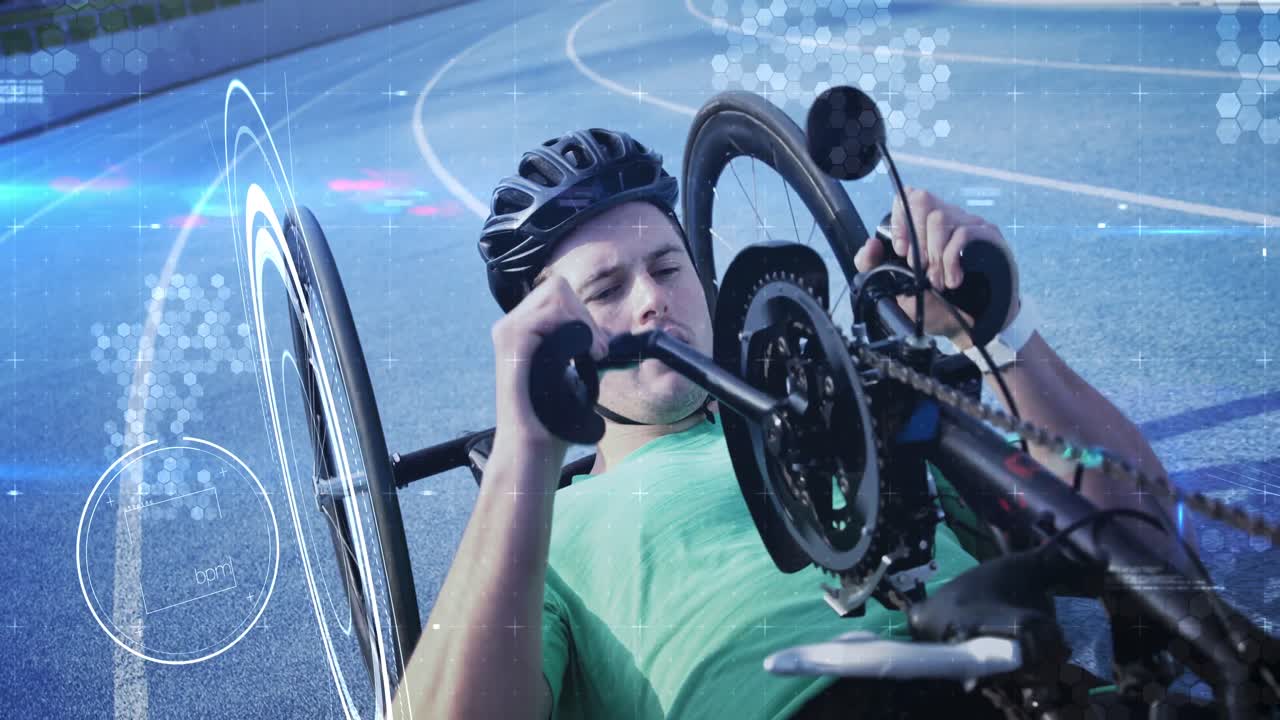 animación de medición de tiempo y un atleta caucásico compitiendo en una bicicleta reclinada