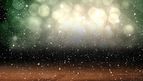 nieve cayendo con círculos de navidad de luz bokeh y madera