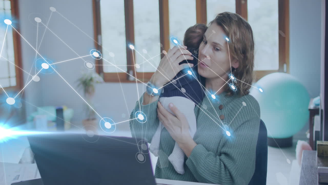 animación de conexiones sobre madre caucásica y bebé por computadora portátil