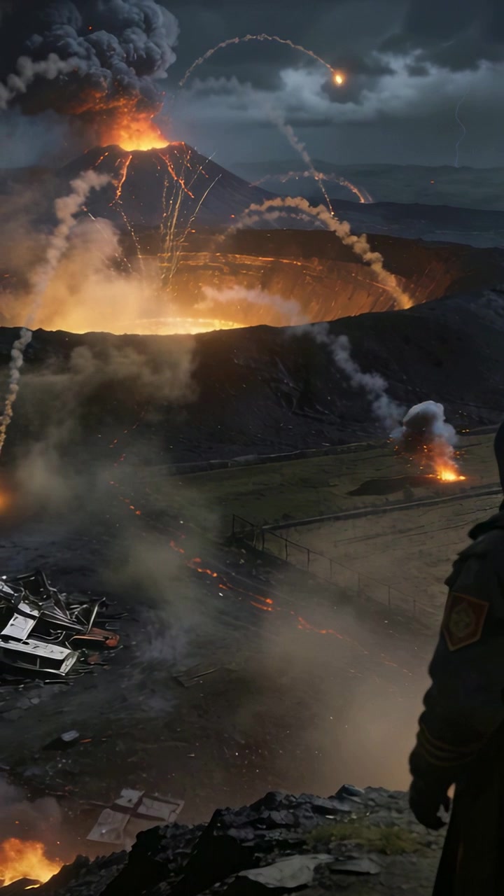 Video verticale: Vulcano in eruzione che lancia archi di lava su una pianura di cenere, un osservatore incappucciato che guarda la cresta.