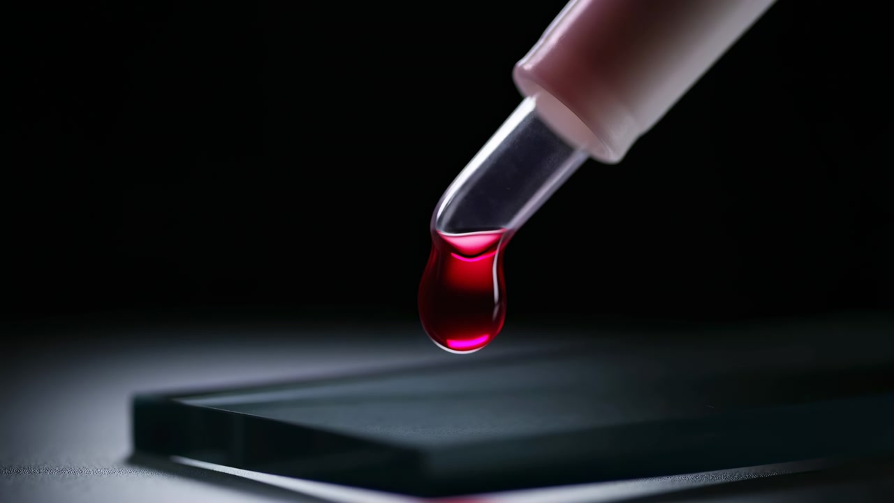 Makroansicht, die zeigt, wie eine klare Plastikpipette einen glänzenden roten Tropfen auf einen dunklen, matten Sockel abgibt, wobei Verlängerung, Ablösung, Oberflächenkontakt, spiegelnde Glanzlichter und eine raffinierte klinische Atmosphäre sichtbar werden.