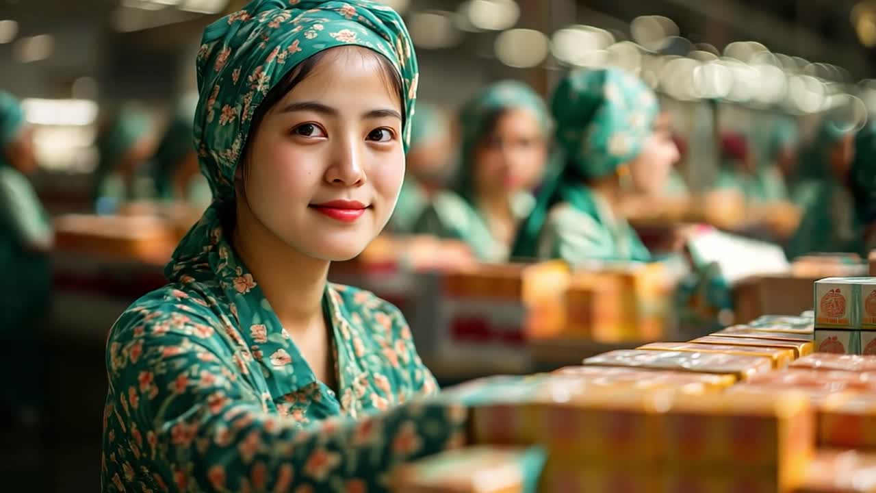 Factory workers on an assembly line packaging boxes