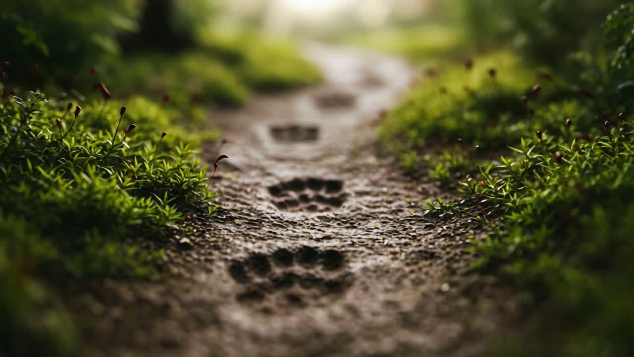 Exploring the Wilderness: A Close-Up View of Animal Tracks Leading Through a Lush Green Pathway Surrounded by Flora and Fauna in a Serene Forest Environment